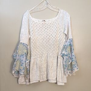 Free People White and Blue Lace Blouse